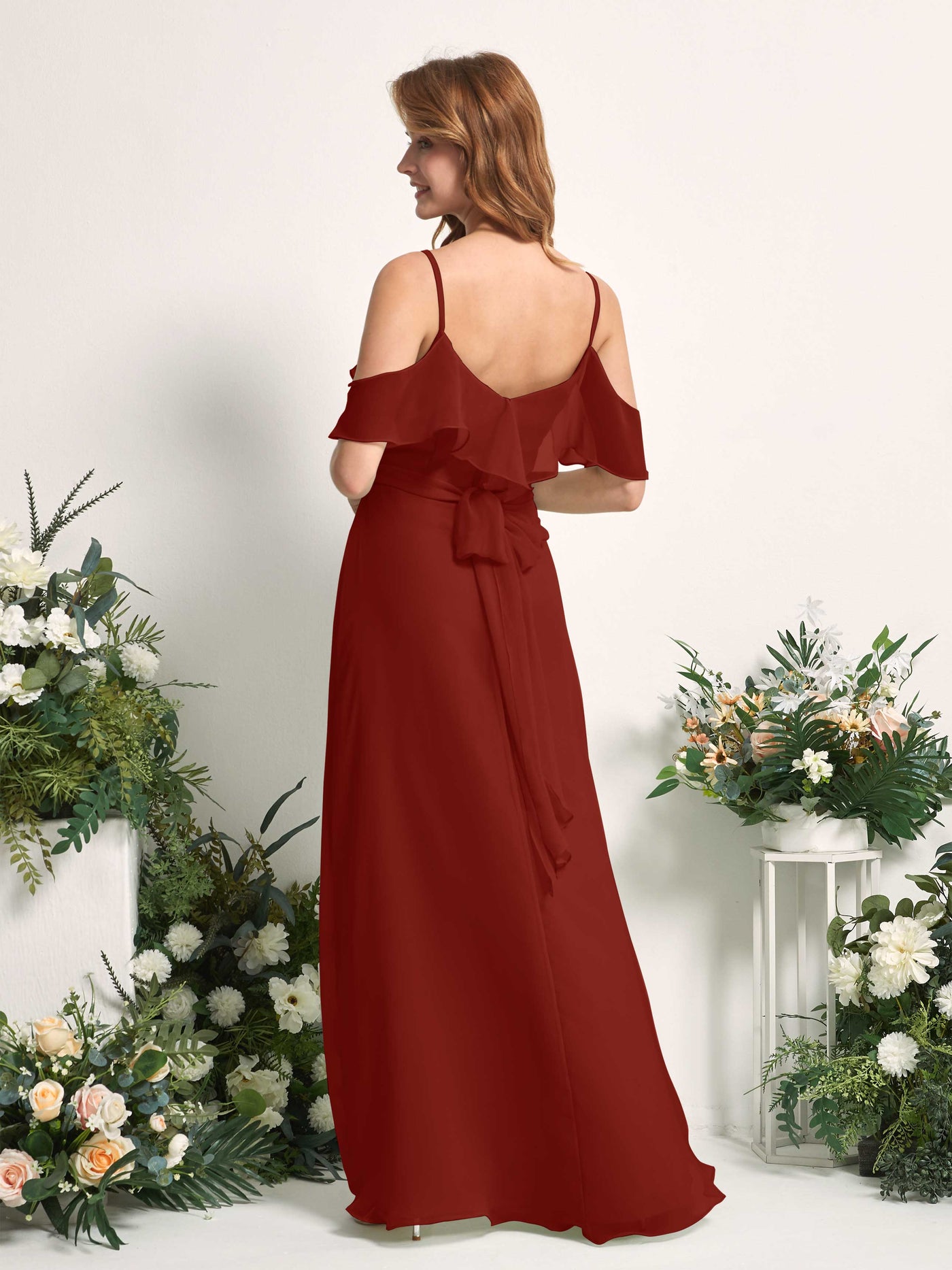Carlyna Vestido Línea A Hombros Caídos Hasta el suelo Gasa Dama de honor Óxido #color_xido