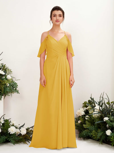 Carlyna Vestido Línea A Hombros Caídos Hasta el suelo Vestidos de dama de honor Amarillo Mostaza #color_amarillo-mostaza