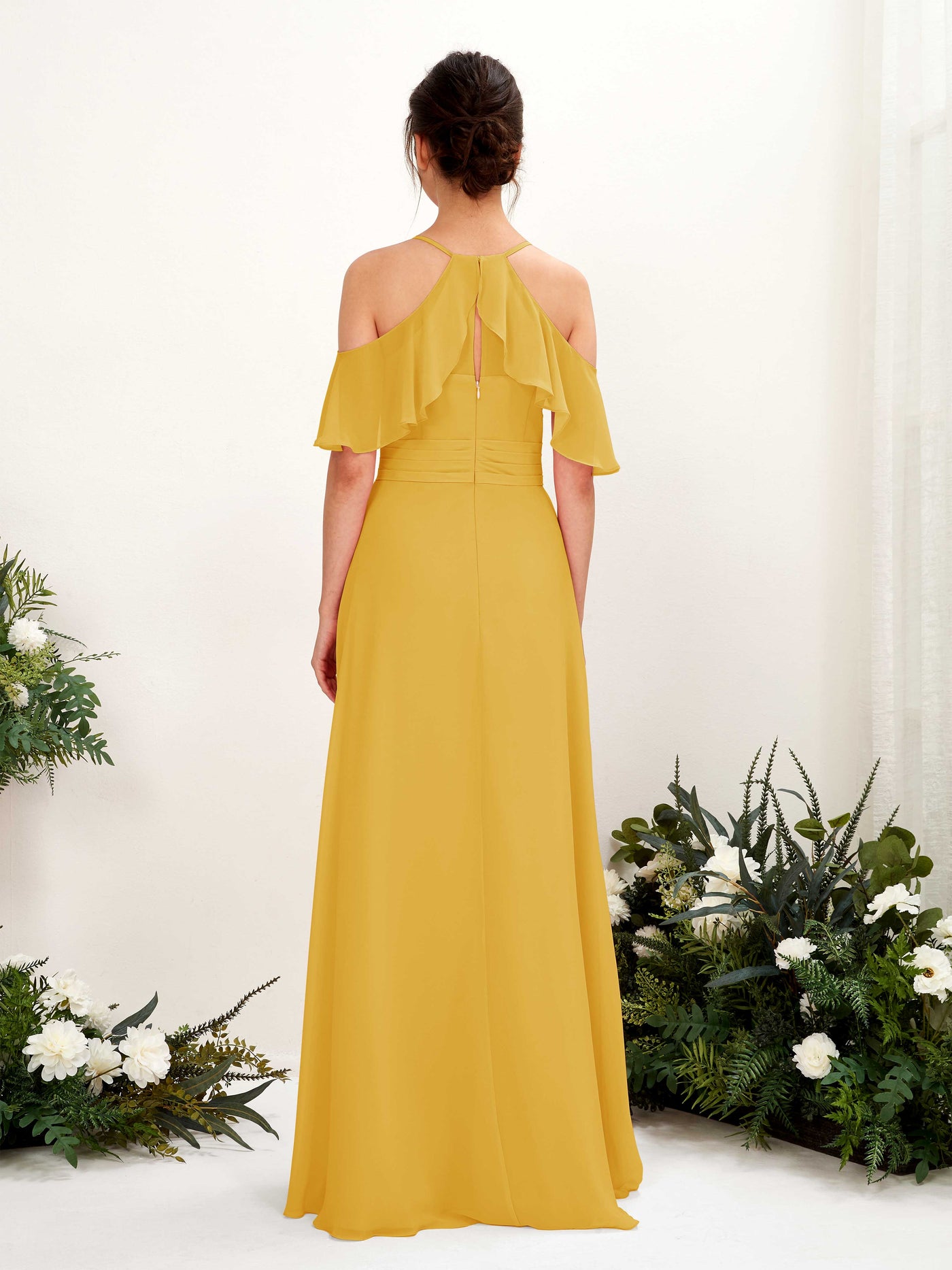 Carlyna Vestido Línea A Hombros Caídos Hasta el suelo Vestidos de dama de honor Amarillo Mostaza #color_amarillo-mostaza