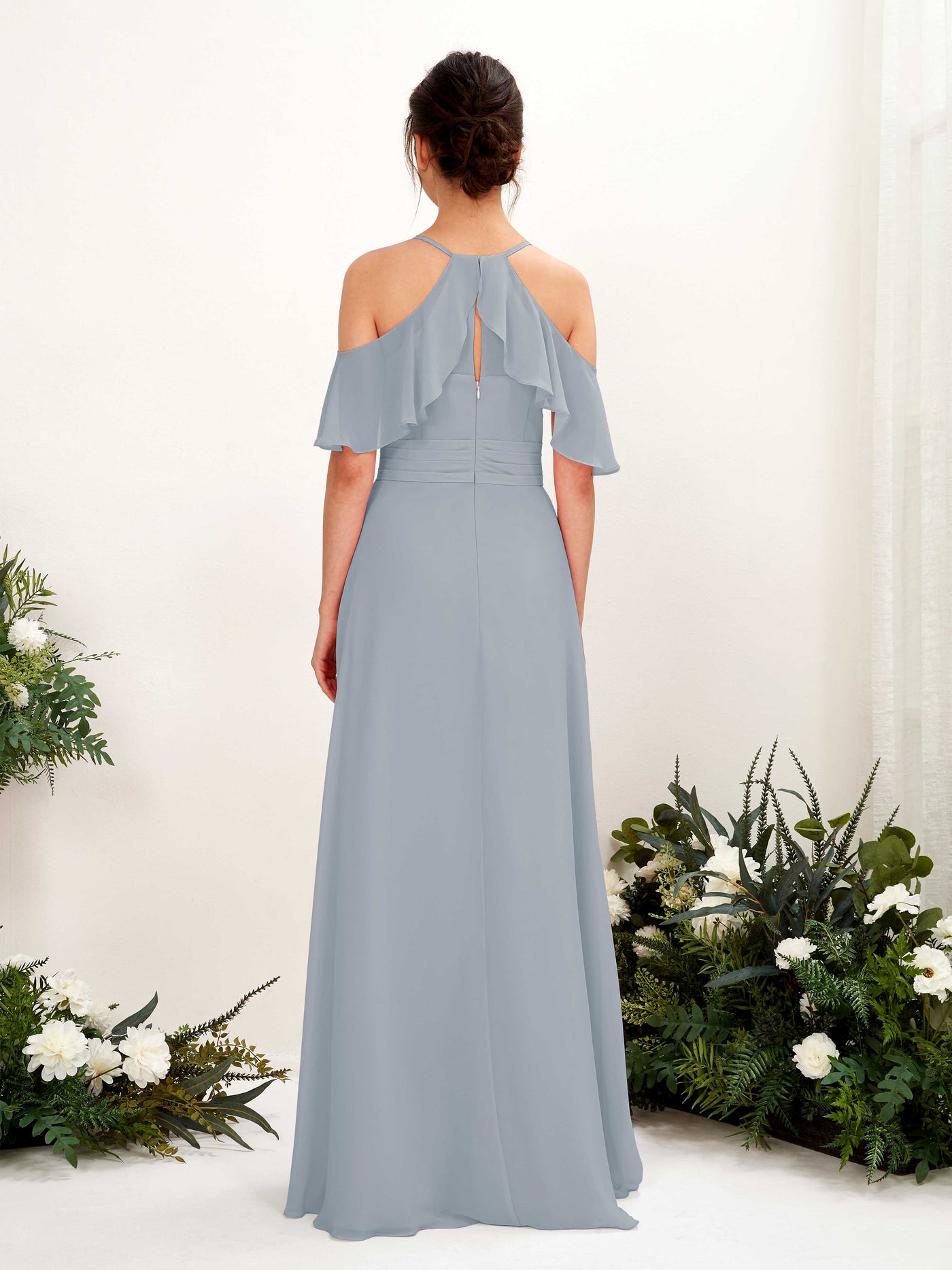 Carlyna Vestido Línea A Hombros Caídos Hasta el suelo Vestidos de dama de honor Azul Empolvado Mejorado #color_azul-empolvado-mejorado