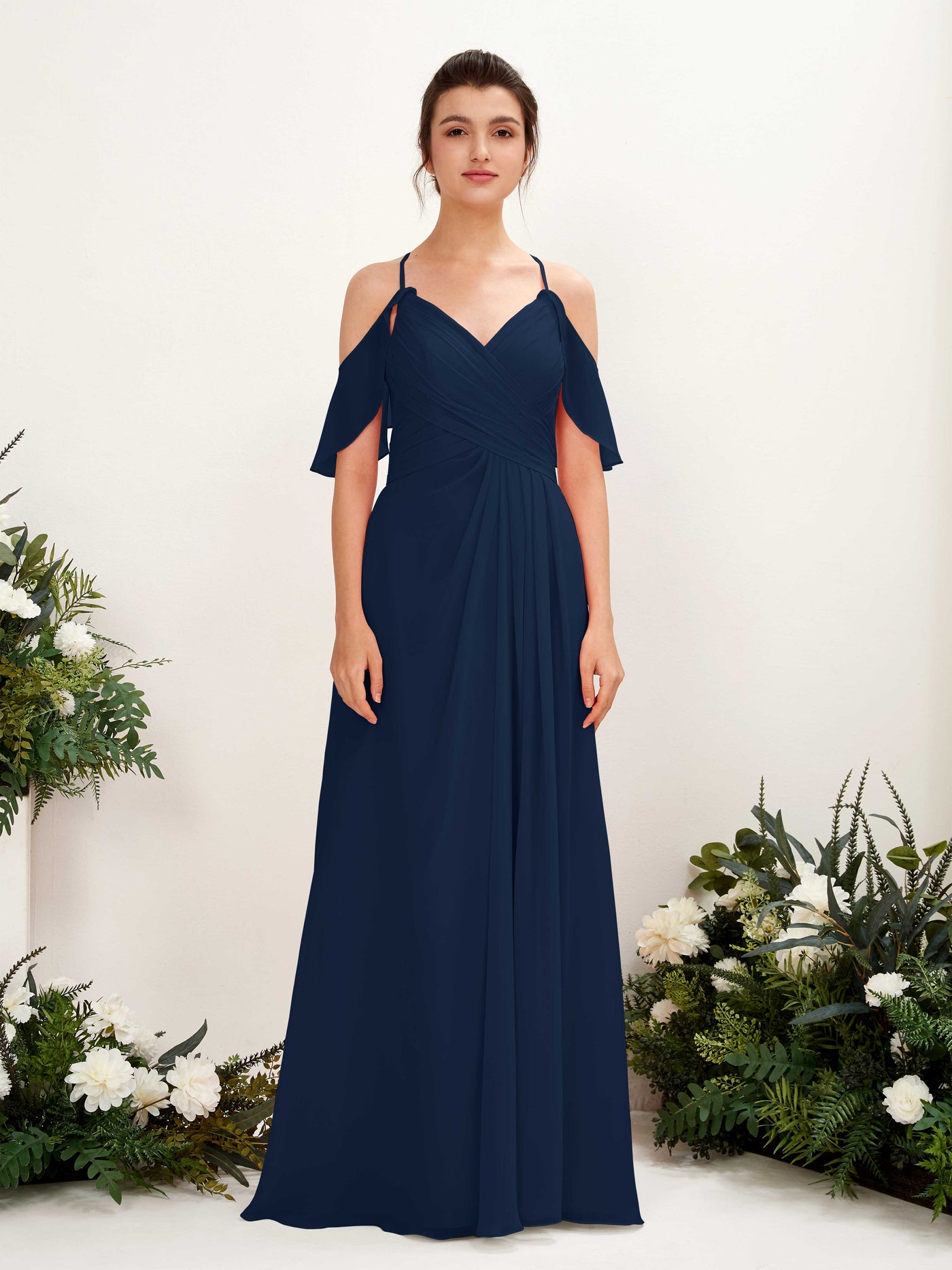 Carlyna Vestido Línea A Hombros Caídos Hasta el suelo Vestidos de dama de honor Azul Marino #color_azul-marino