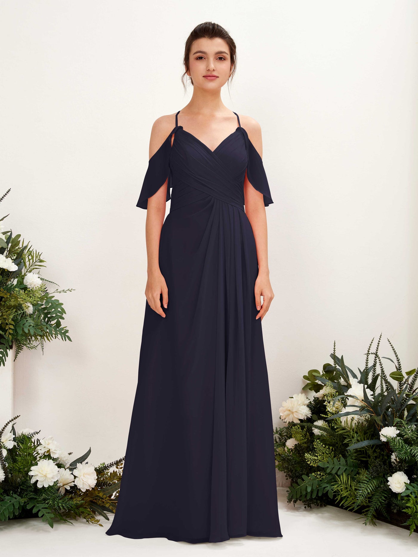 Carlyna Vestido Línea A Hombros Caídos Hasta el suelo Vestidos de dama de honor Azul Marino Oscuro #color_azul-marino-oscuro