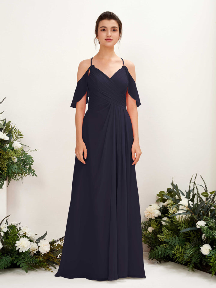 Carlyna Vestido Línea A Hombros Caídos Hasta el suelo Vestidos de dama de honor Azul Marino Oscuro 