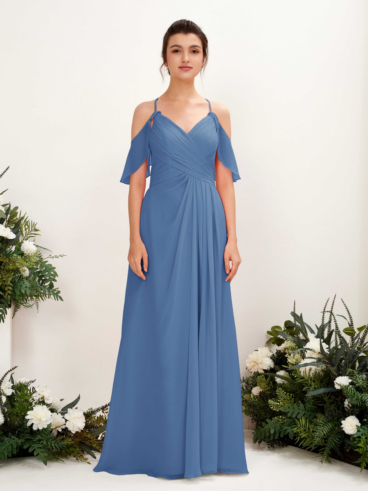 Carlyna Vestido Línea A Hombros Caídos Hasta el suelo Vestidos de dama de honor Azul polvoriento #color_azul-polvoriento