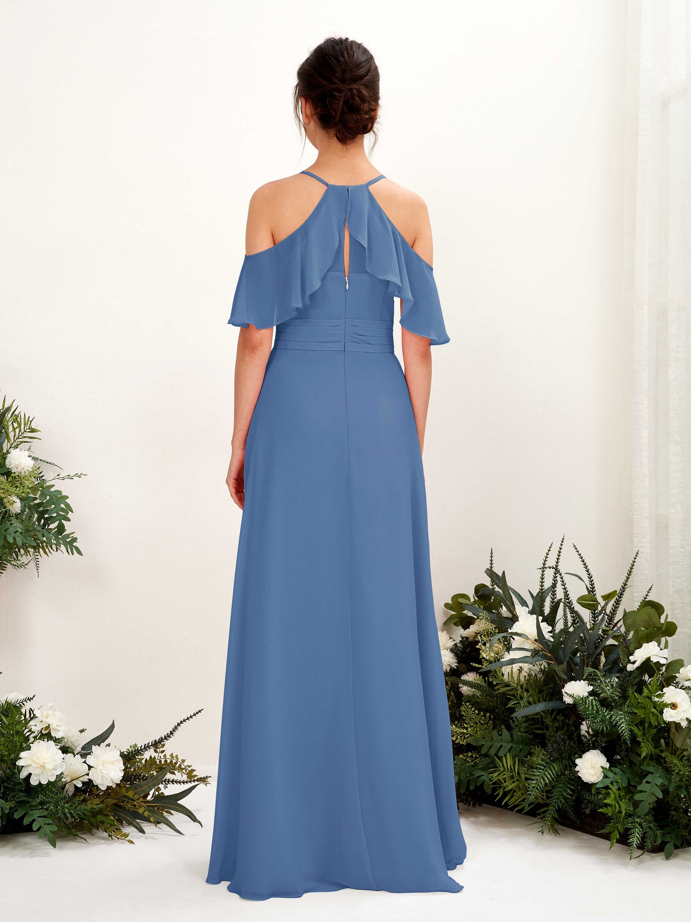 Carlyna Vestido Línea A Hombros Caídos Hasta el suelo Vestidos de dama de honor Azul polvoriento #color_azul-polvoriento