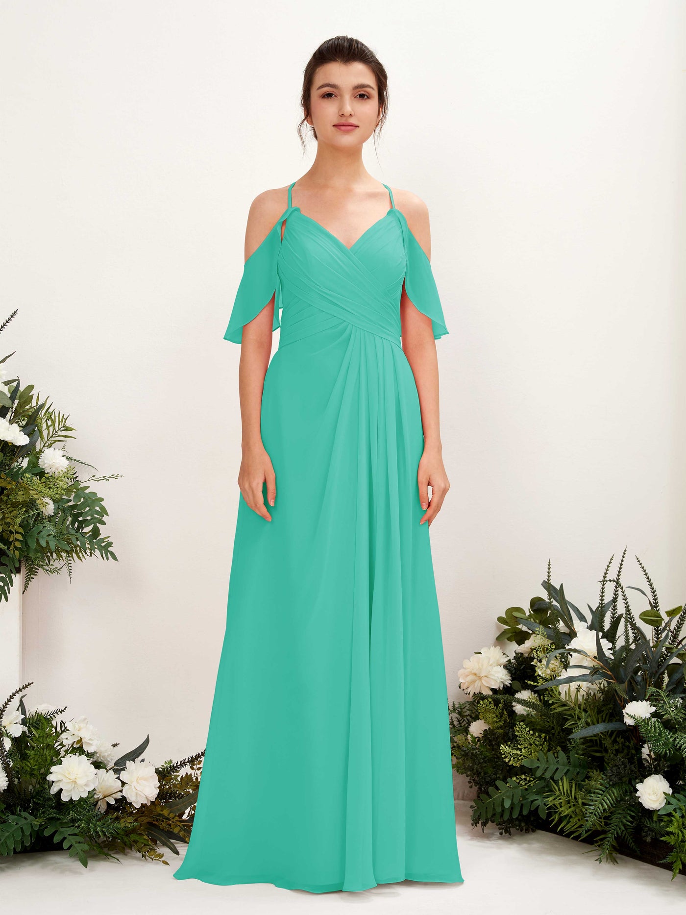 Carlyna Vestido Línea A Hombros Caídos Hasta el suelo Vestidos de dama de honor Azul Tiffany #color_azul-tiffany