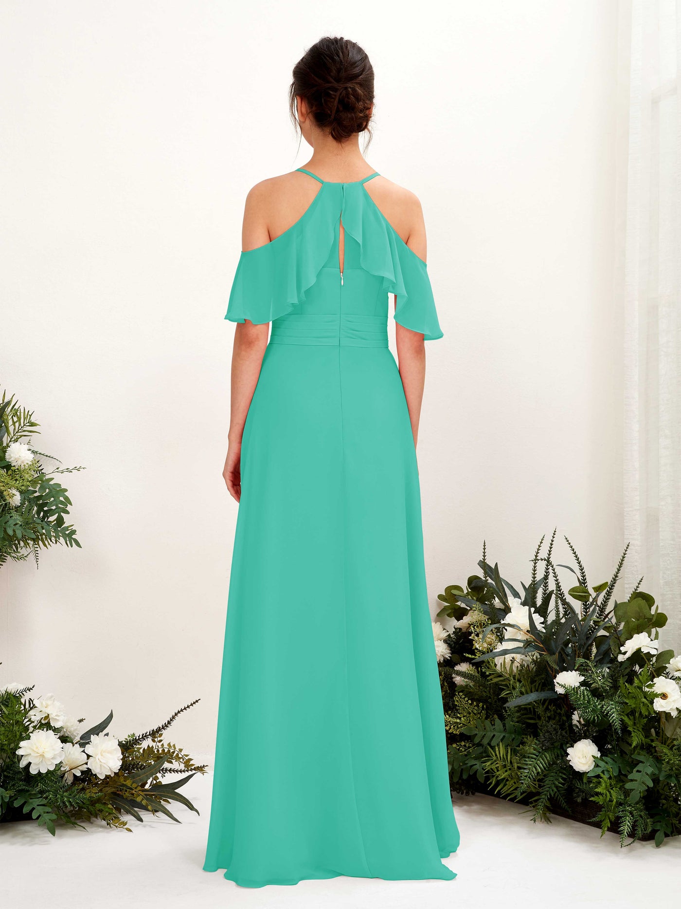 Carlyna Vestido Línea A Hombros Caídos Hasta el suelo Vestidos de dama de honor Azul Tiffany #color_azul-tiffany