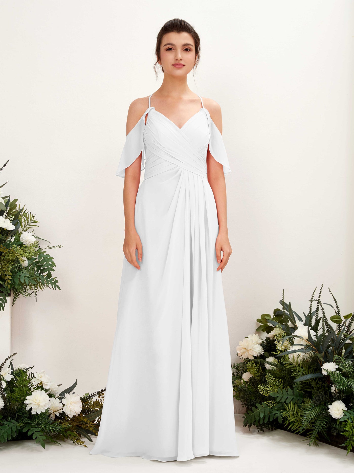 Carlyna Vestido Línea A Hombros Caídos Hasta el suelo Vestidos de dama de honor Blanco #color_blanco