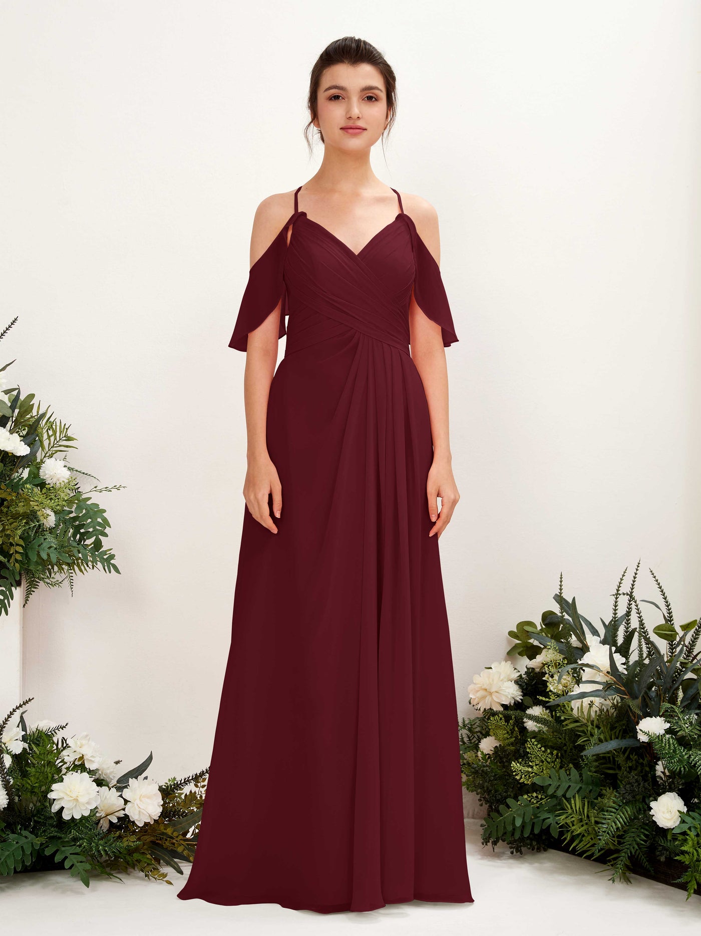 Carlyna Vestido Línea A Hombros Caídos Hasta el suelo Vestidos de dama de honor Borgoña #color_borgo-a