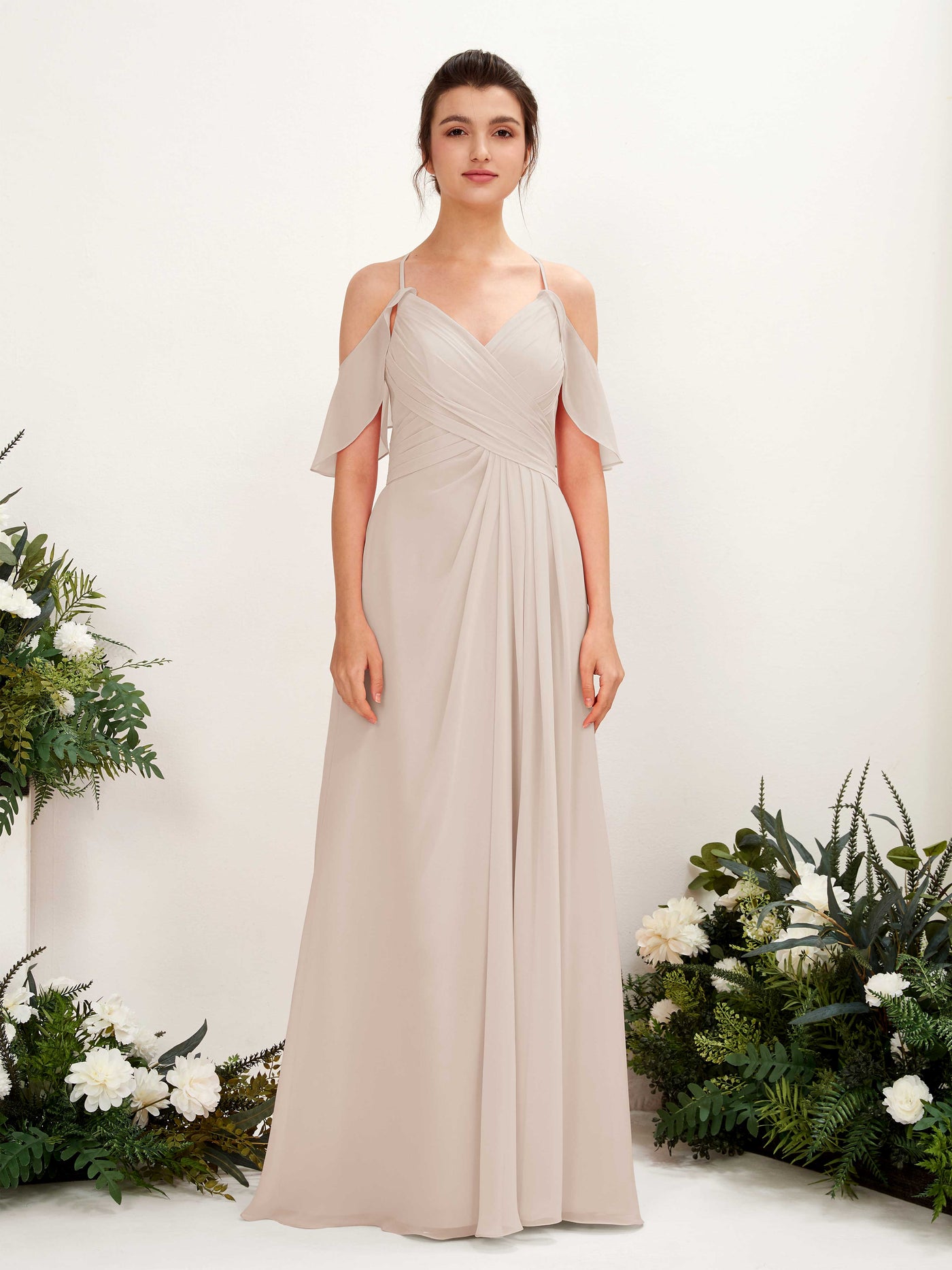 Carlyna Vestido Línea A Hombros Caídos Hasta el suelo Vestidos de dama de honor Champán #color_champ-n