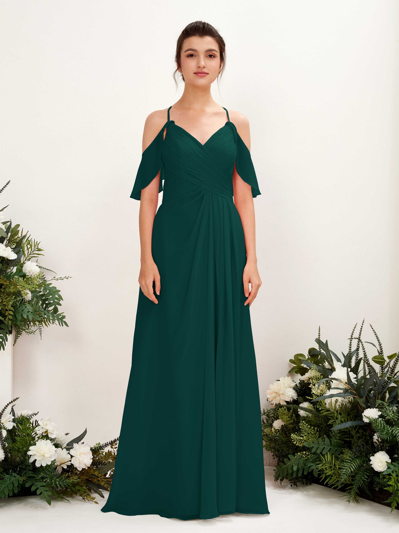 Carlyna Vestido Línea A Hombros Caídos Hasta el suelo Vestidos de dama de honor Esmeralda Oscuro #color_esmeralda-oscuro