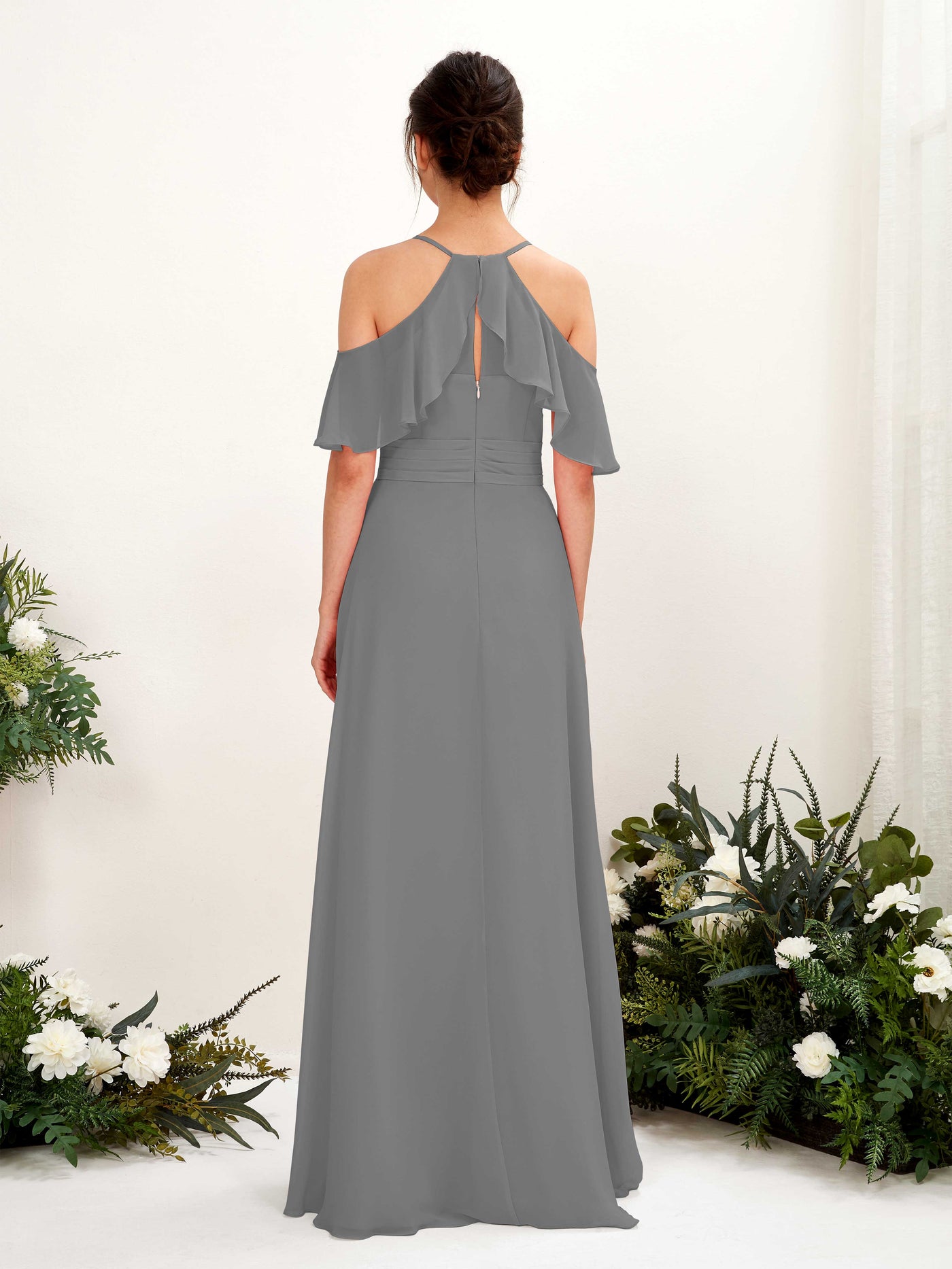Carlyna Vestido Línea A Hombros Caídos Hasta el suelo Vestidos de dama de honor Gris Acero #color_gris-acero