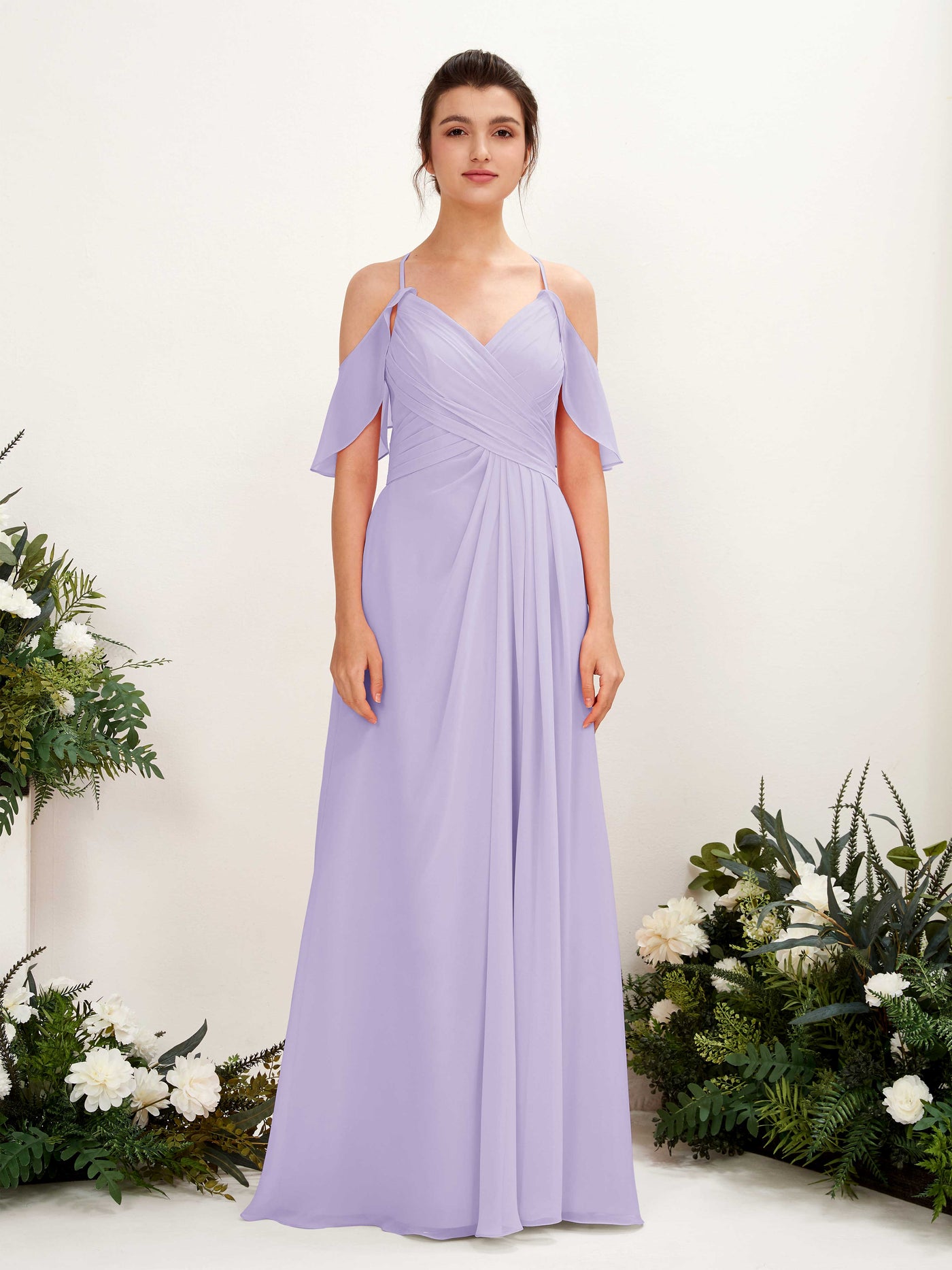 Carlyna Vestido Línea A Hombros Caídos Hasta el suelo Vestidos de dama de honor Lila #color_lila