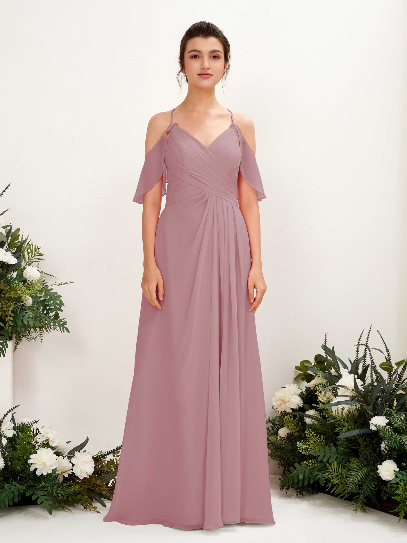 Carlyna Vestido Línea A Hombros Caídos Hasta el suelo Vestidos de dama de honor Malva Clásico #color_malva-cl-sico