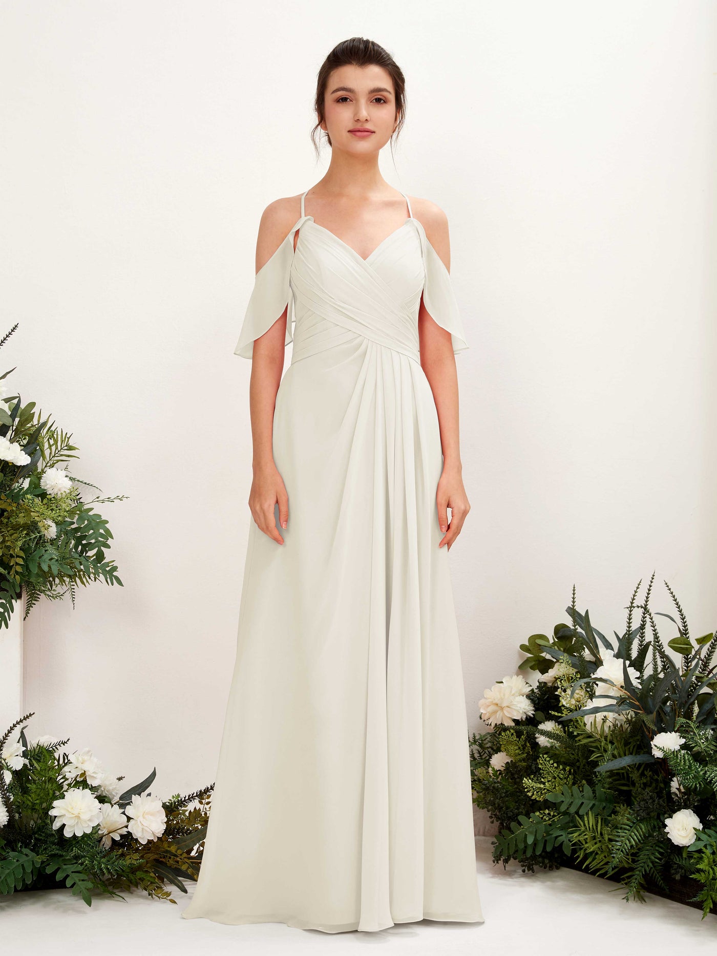 Carlyna Vestido Línea A Hombros Caídos Hasta el suelo Vestidos de dama de honor Marfil #color_marfil