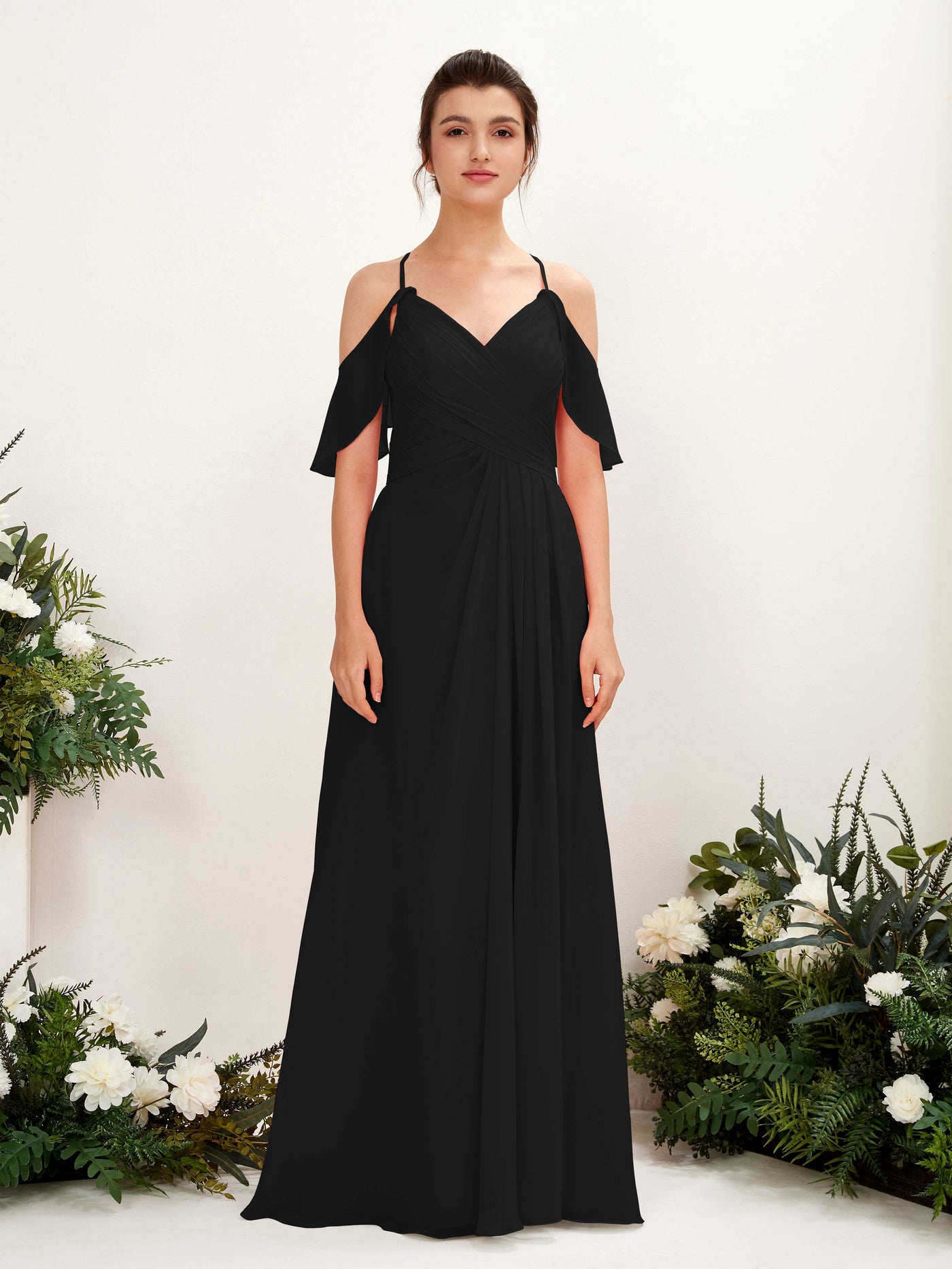Carlyna Vestido Línea A Hombros Caídos Hasta el suelo Vestidos de dama de honor Negro #color_negro