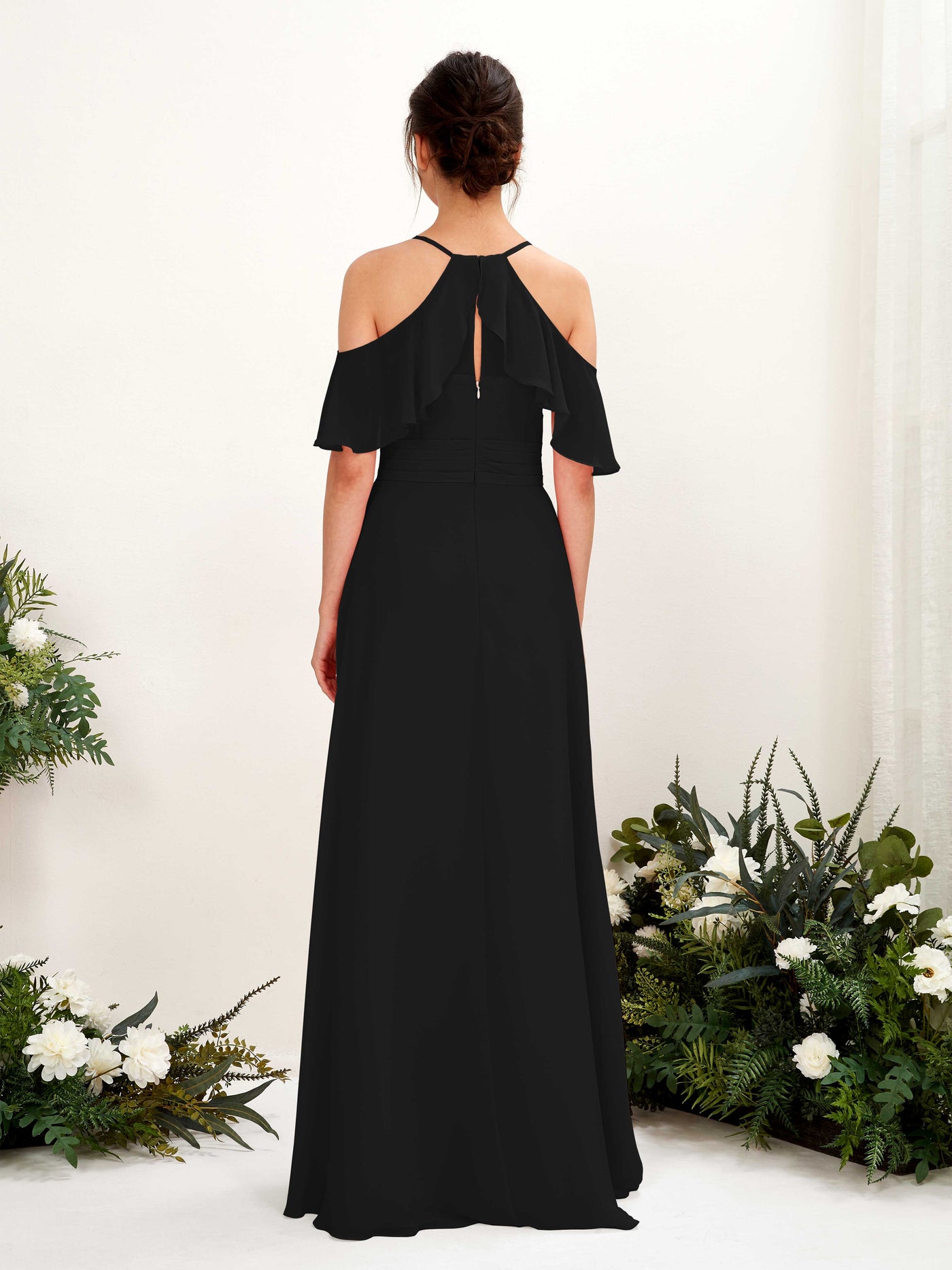 Carlyna Vestido Línea A Hombros Caídos Hasta el suelo Vestidos de dama de honor Negro #color_negro