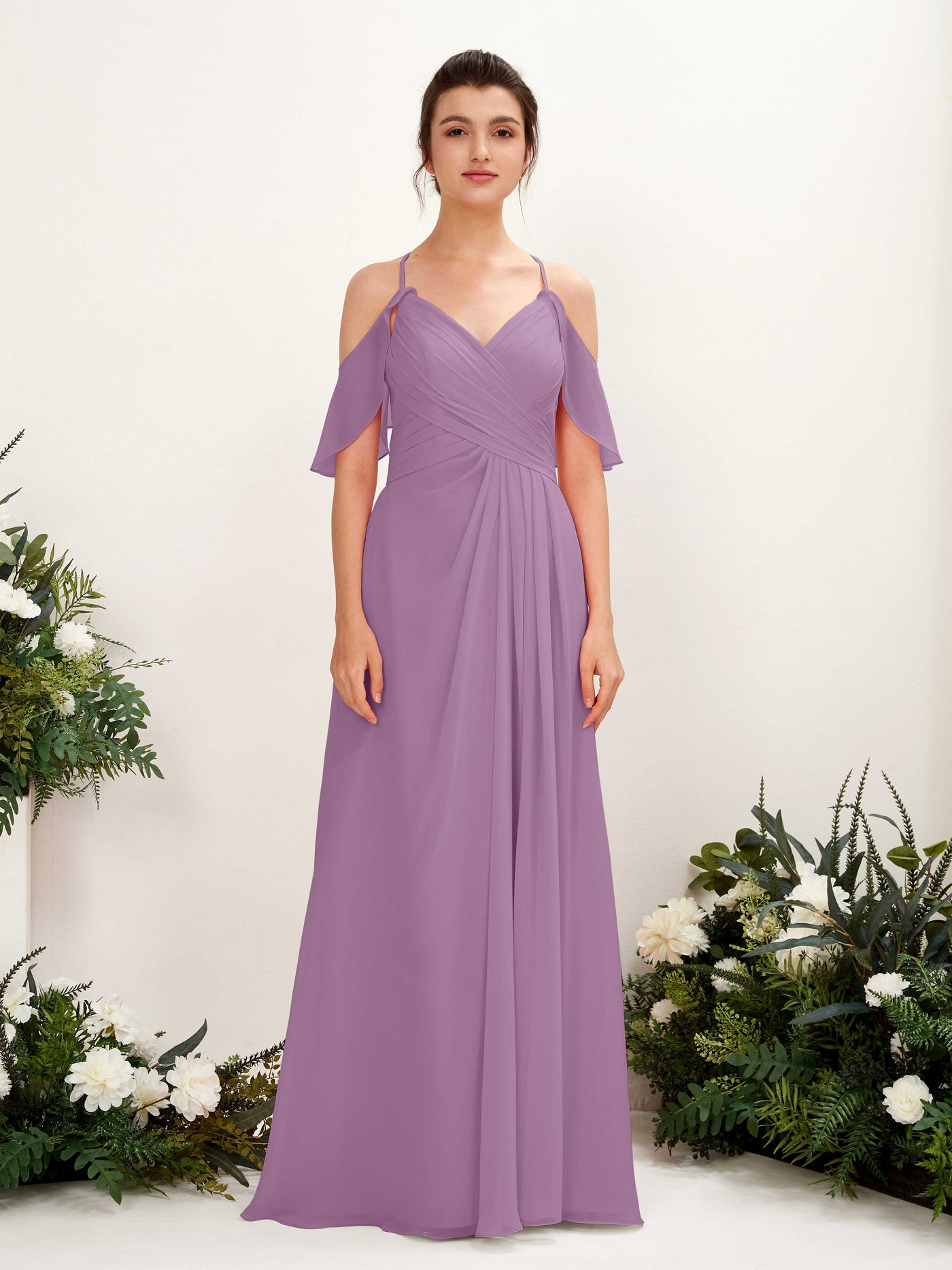 Carlyna Vestido Línea A Hombros Caídos Hasta el suelo Vestidos de dama de honor Niebla Orquídea #color_niebla-orqu-dea