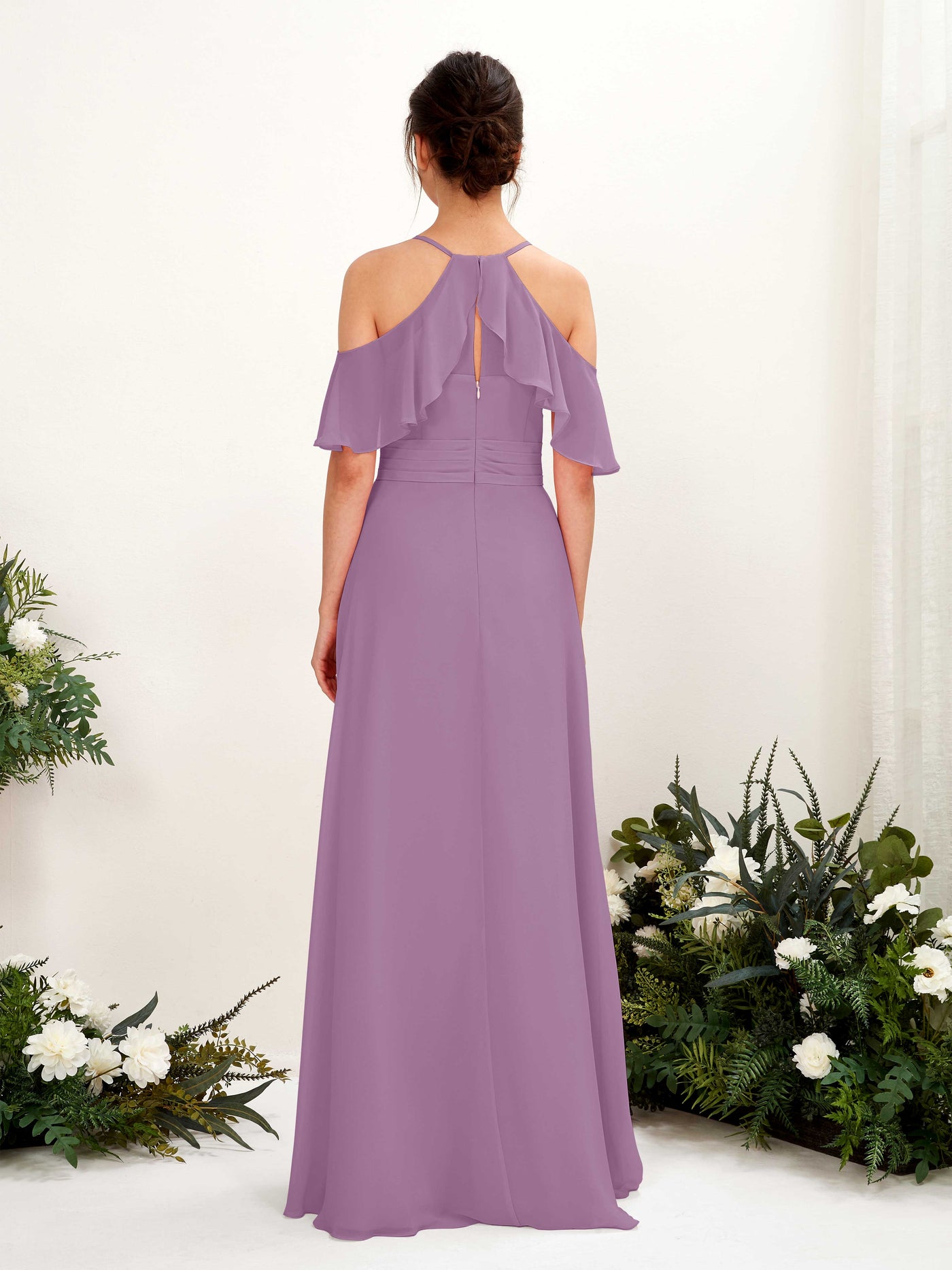 Carlyna Vestido Línea A Hombros Caídos Hasta el suelo Vestidos de dama de honor Niebla Orquídea #color_niebla-orqu-dea