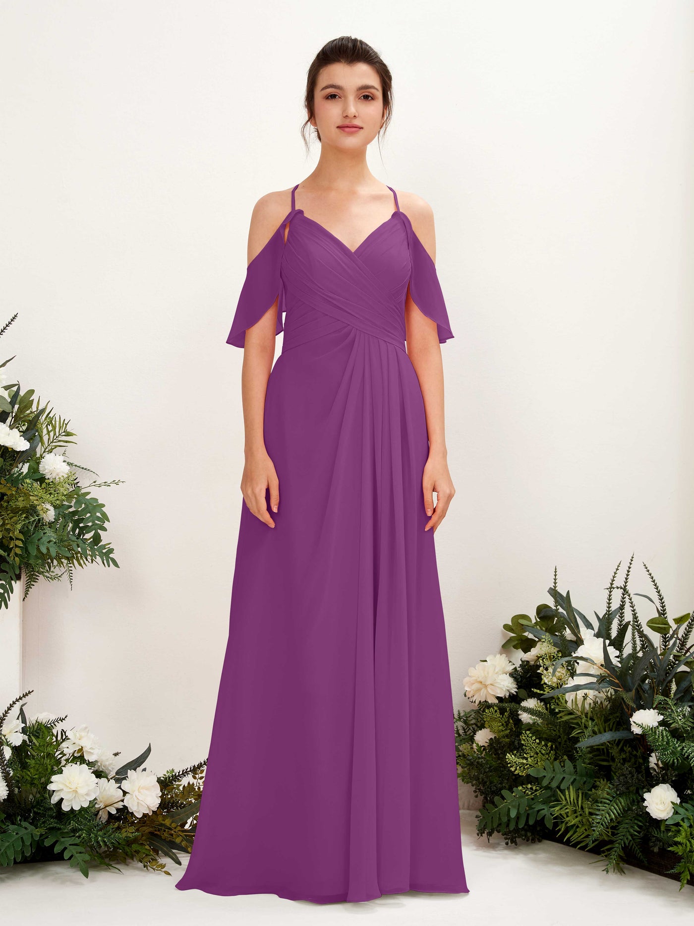 Carlyna Vestido Línea A Hombros Caídos Hasta el suelo Vestidos de dama de honor Púrpura #color_p-rpura