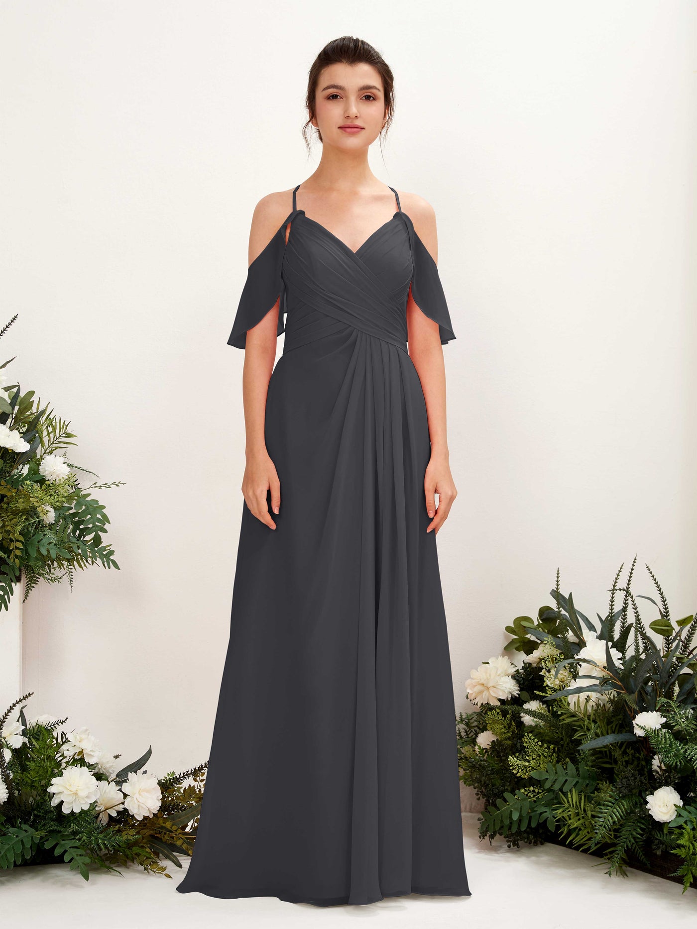 Carlyna Vestido Línea A Hombros Caídos Hasta el suelo Vestidos de dama de honor Peltre #color_peltre
