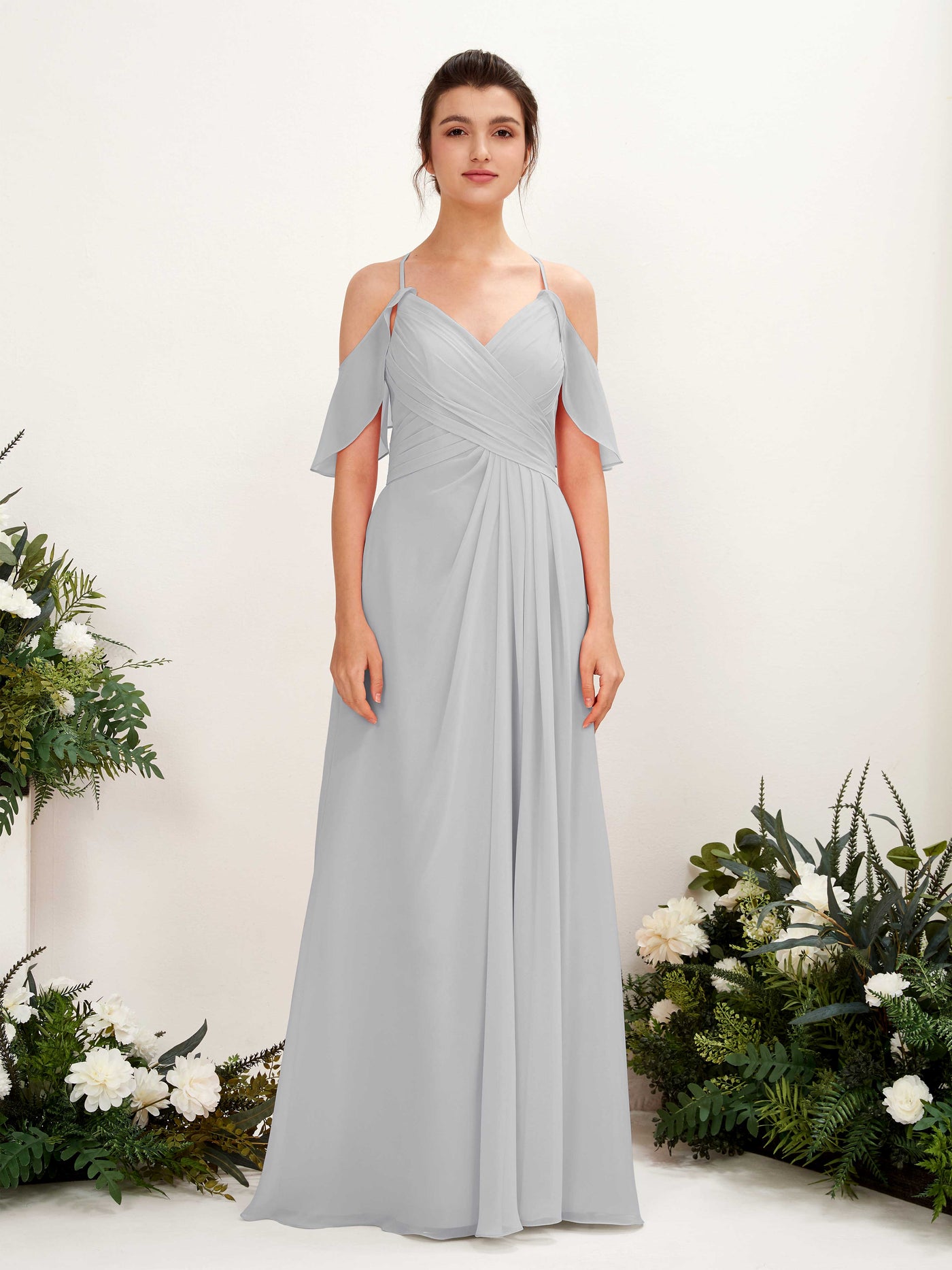 Carlyna Vestido Línea A Hombros Caídos Hasta el suelo Vestidos de dama de honor Plata #color_plata