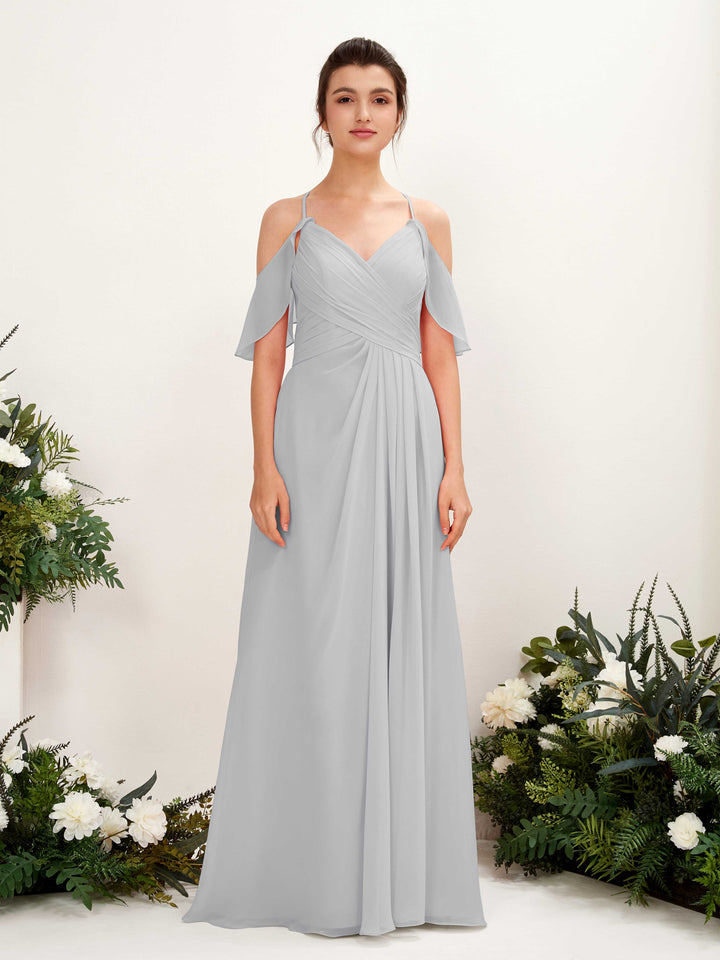 Carlyna Vestido Línea A Hombros Caídos Hasta el suelo Vestidos de dama de honor Plata 