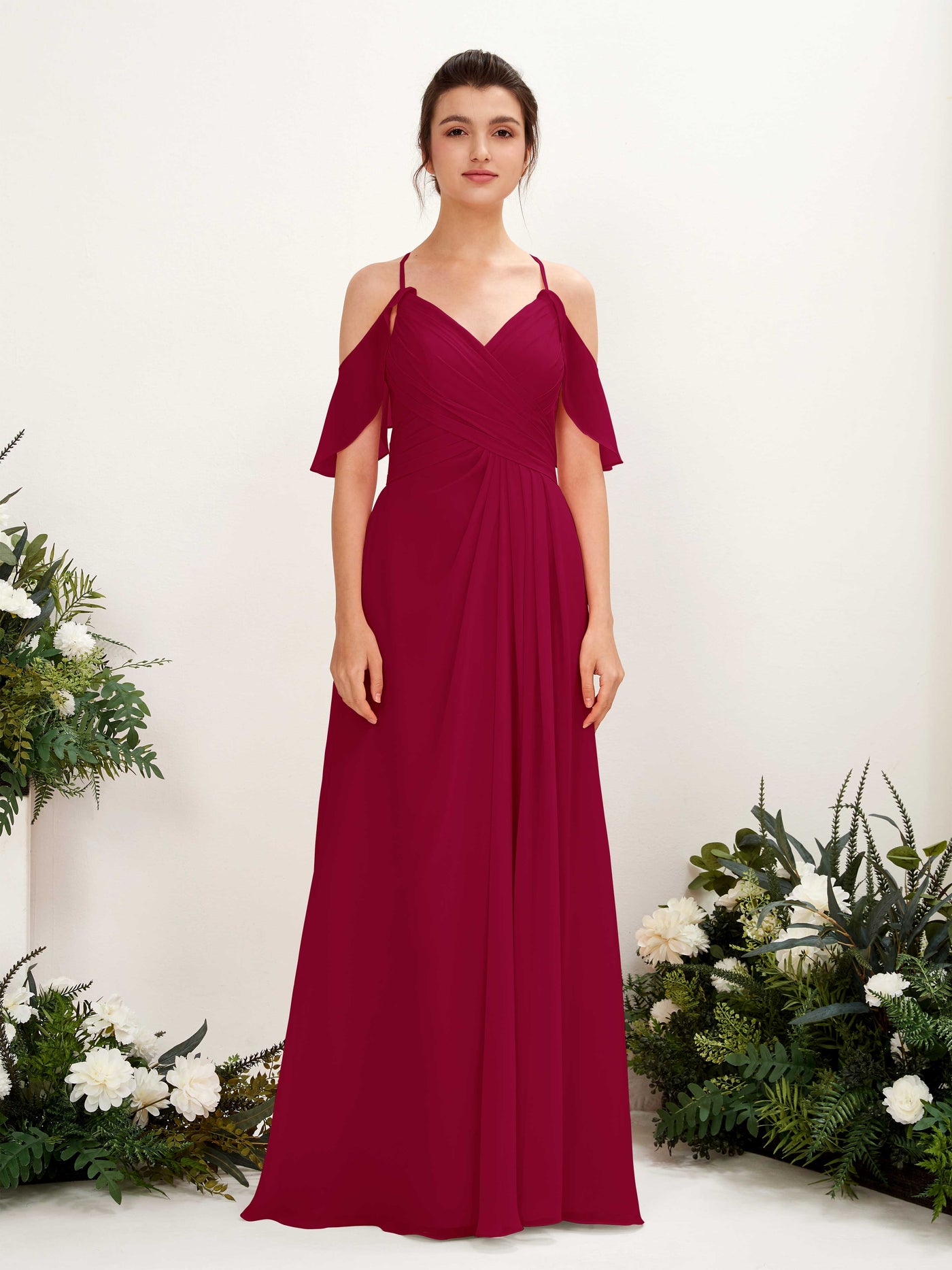 Carlyna Vestido Línea A Hombros Caídos Hasta el suelo Vestidos de dama de honor Rojo Bufón #color_rojo-buf-n