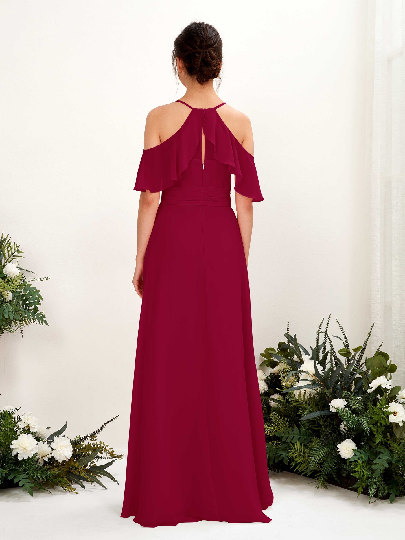 Carlyna Vestido Línea A Hombros Caídos Hasta el suelo Vestidos de dama de honor Rojo Bufón #color_rojo-buf-n