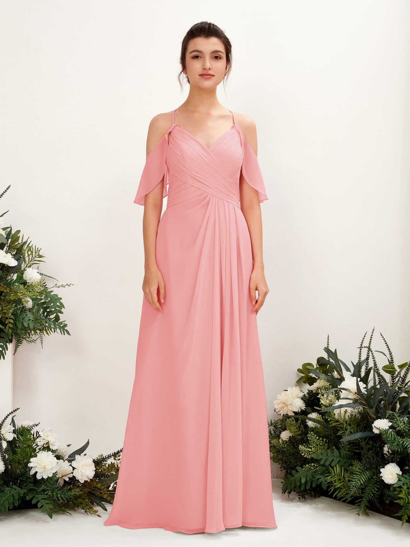 Carlyna Vestido Línea A Hombros Caídos Hasta el suelo Vestidos de dama de honor Rosa Ballet #color_rosa-ballet