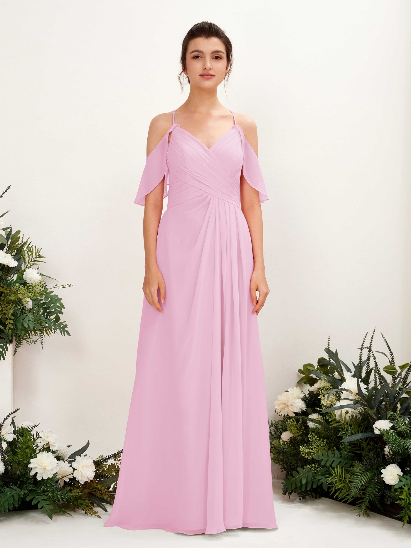 Carlyna Vestido Línea A Hombros Caídos Hasta el suelo Vestidos de dama de honor Rosa Caramelo #color_rosa-caramelo