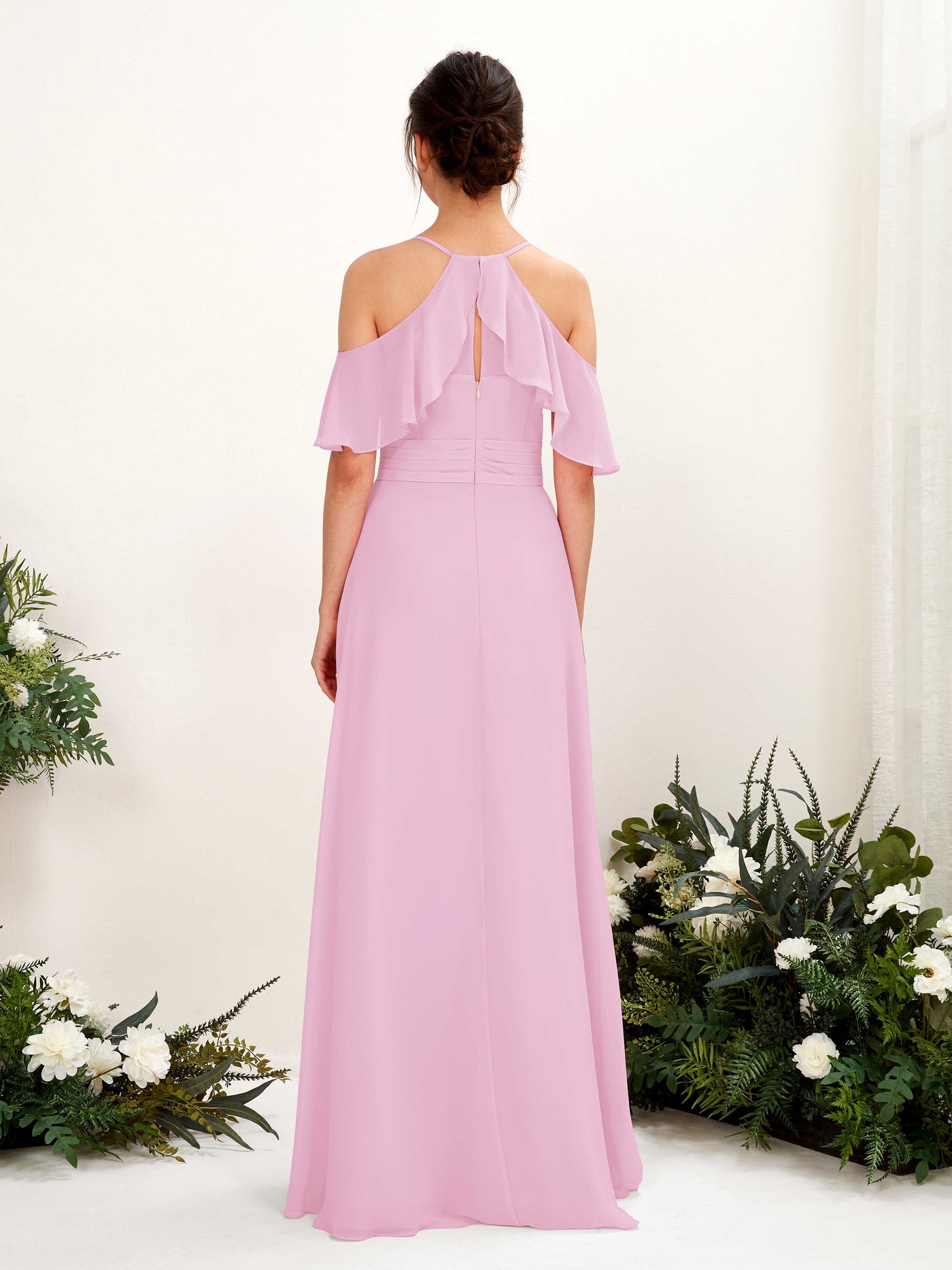 Carlyna Vestido Línea A Hombros Caídos Hasta el suelo Vestidos de dama de honor Rosa Caramelo #color_rosa-caramelo