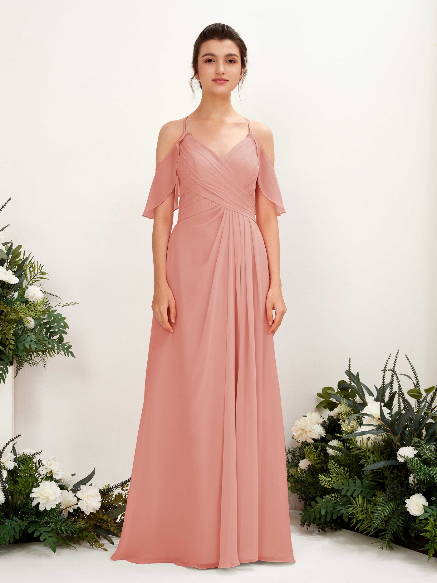 Carlyna Vestido Línea A Hombros Caídos Hasta el suelo Vestidos de dama de honor Rosa Champán #color_rosa-champ-n