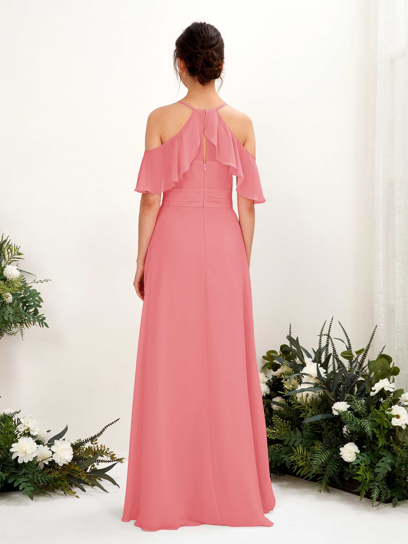 Carlyna Vestido Línea A Hombros Caídos Hasta el suelo Vestidos de dama de honor Rosa Coral #color_rosa-coral