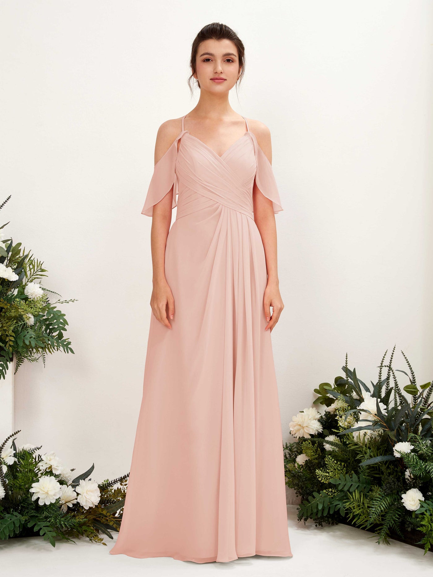Carlyna Vestido Línea A Hombros Caídos Hasta el suelo Vestidos de dama de honor Rosa Perla #color_rosa-perla