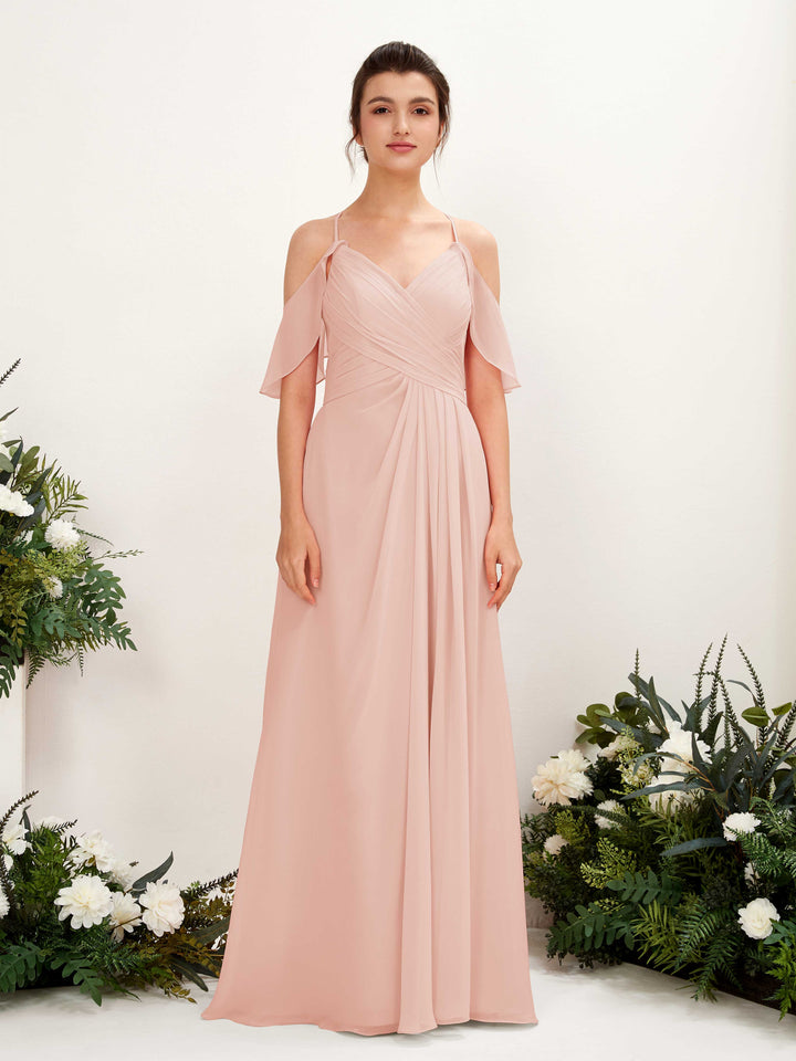 Carlyna Vestido Línea A Hombros Caídos Hasta el suelo Vestidos de dama de honor Rosa Perla 