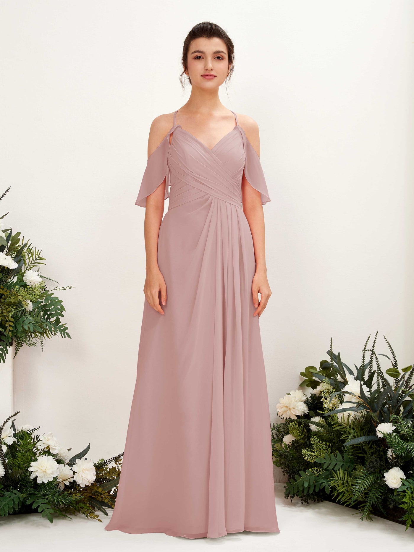 Carlyna Vestido Línea A Hombros Caídos Hasta el suelo Vestidos de dama de honor Rosa Polvorienta #color_rosa-polvorienta