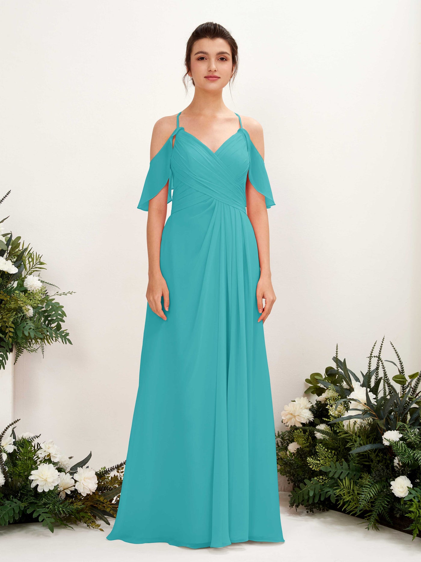 Carlyna Vestido Línea A Hombros Caídos Hasta el suelo Vestidos de dama de honor Turquesa #color_turquesa
