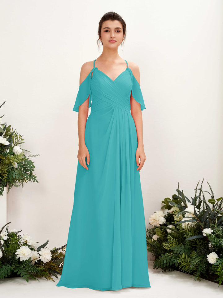 Carlyna Vestido Línea A Hombros Caídos Hasta el suelo Vestidos de dama de honor Turquesa 