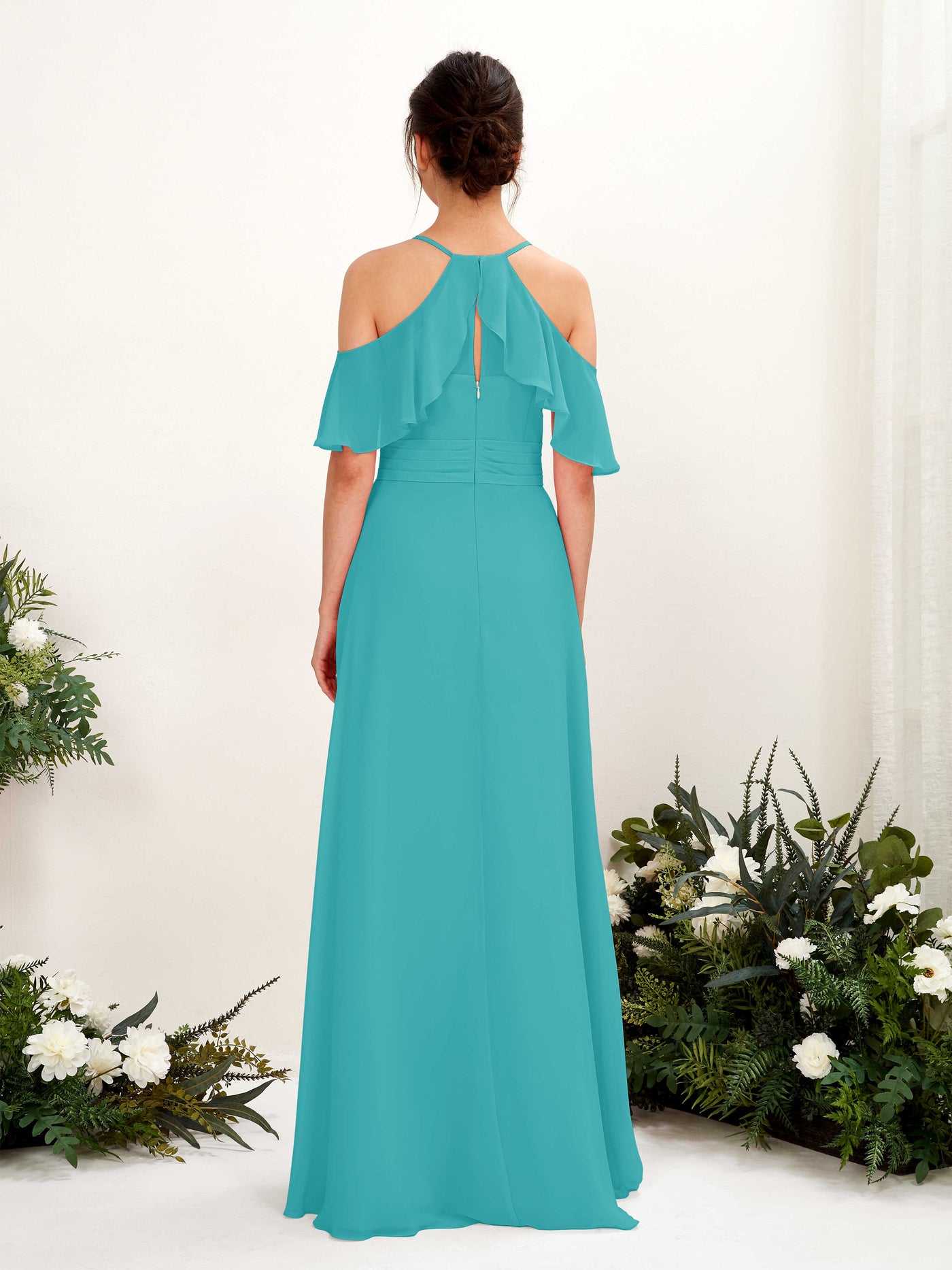 Carlyna Vestido Línea A Hombros Caídos Hasta el suelo Vestidos de dama de honor Turquesa #color_turquesa