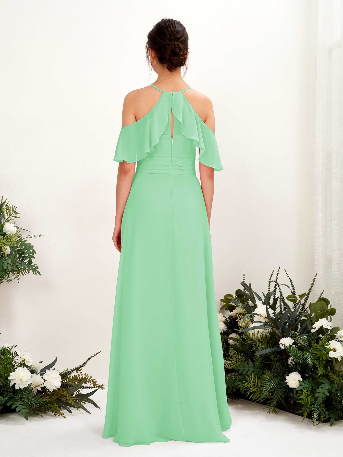 Carlyna Vestido Línea A Hombros Caídos Hasta el suelo Vestidos de dama de honor Verde Menta #color_verde-menta