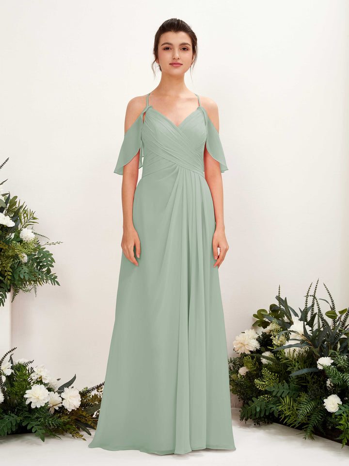 Carlyna Vestido Línea A Hombros Caídos Hasta el suelo Vestidos de dama de honor Verde Salvia 