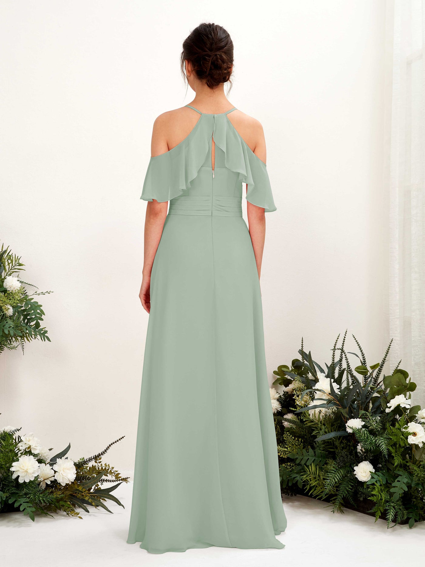 Carlyna Vestido Línea A Hombros Caídos Hasta el suelo Vestidos de dama de honor Verde Salvia #color_verde-salvia