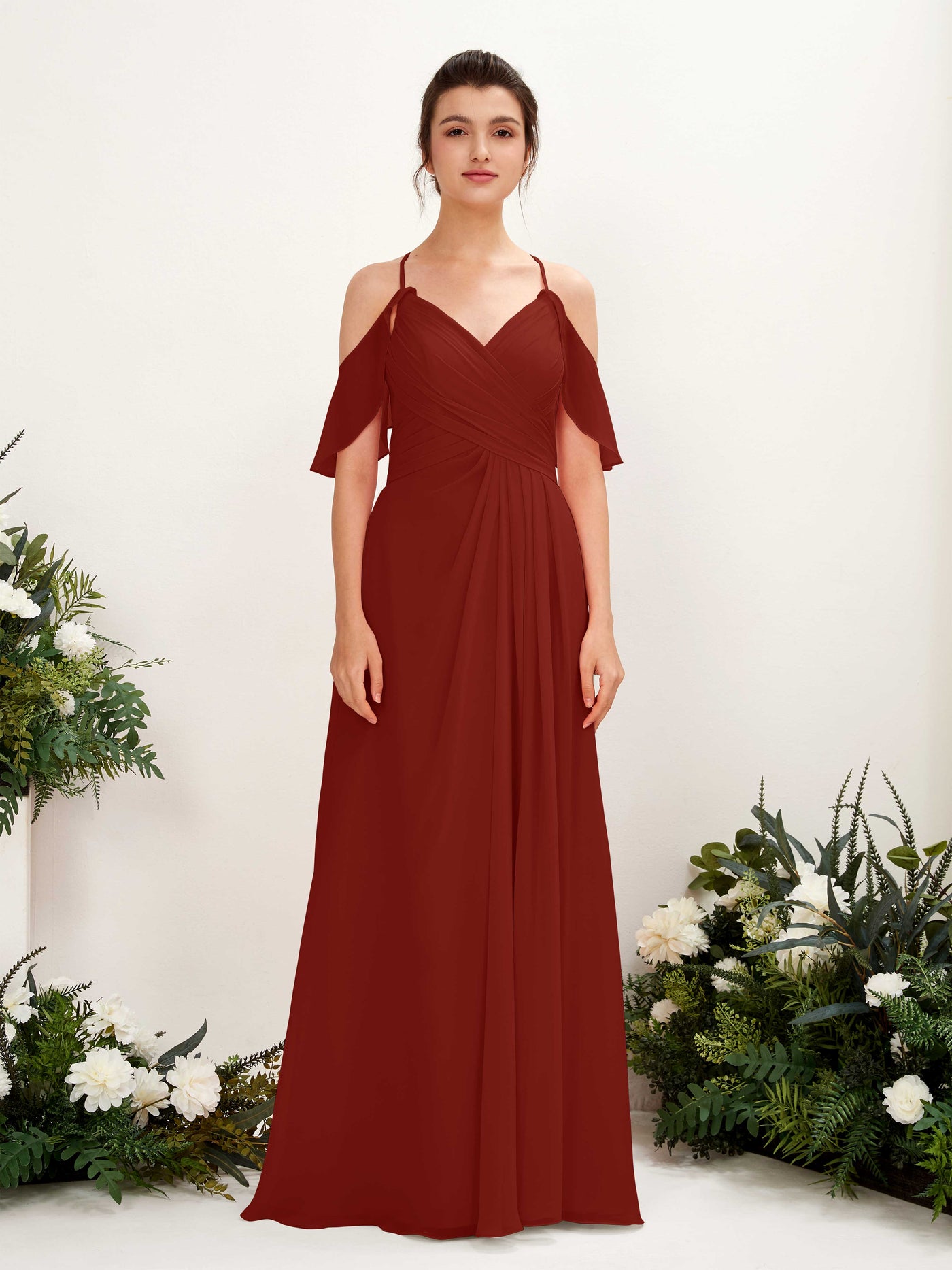 Carlyna Vestido Línea A Hombros Caídos Hasta el suelo Vestidos de dama de honor Óxido #color_xido