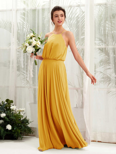Carlyna Vestido línea A tirantes finos gasa hasta el suelo Amarillo Mostaza #color_amarillo-mostaza