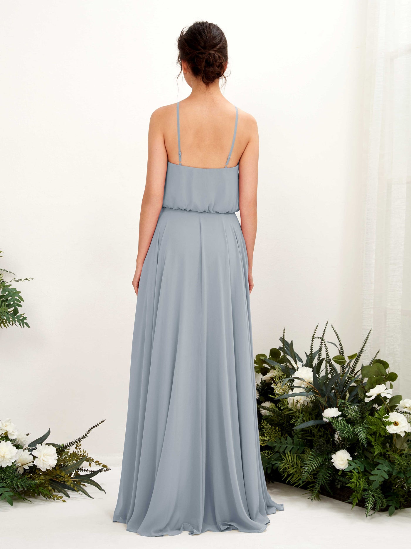 Carlyna Vestido línea A tirantes finos gasa hasta el suelo Azul Empolvado Mejorado #color_azul-empolvado-mejorado