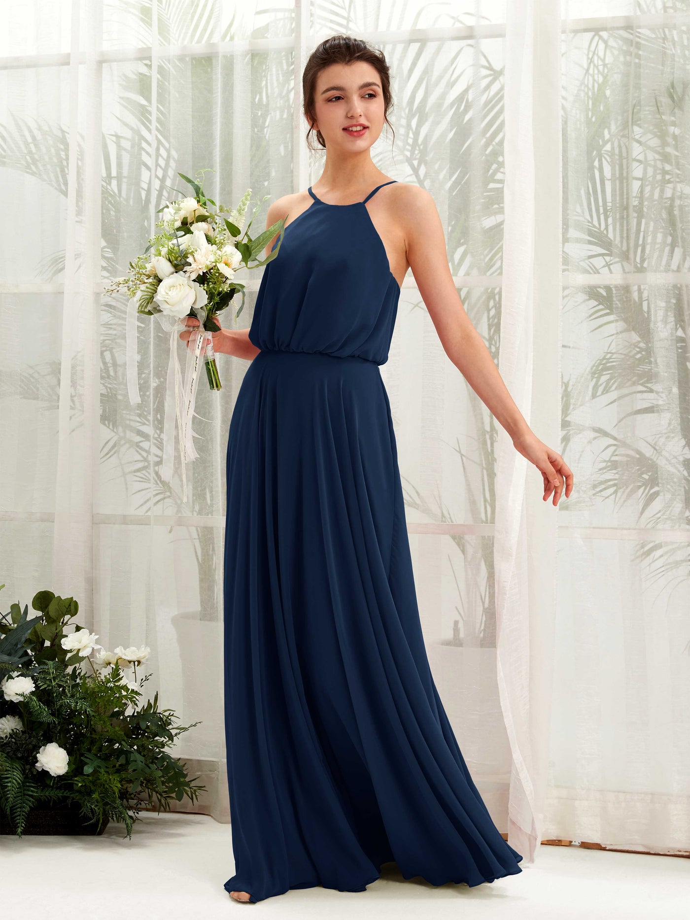 Carlyna Vestido línea A tirantes finos gasa hasta el suelo Azul Marino #color_azul-marino