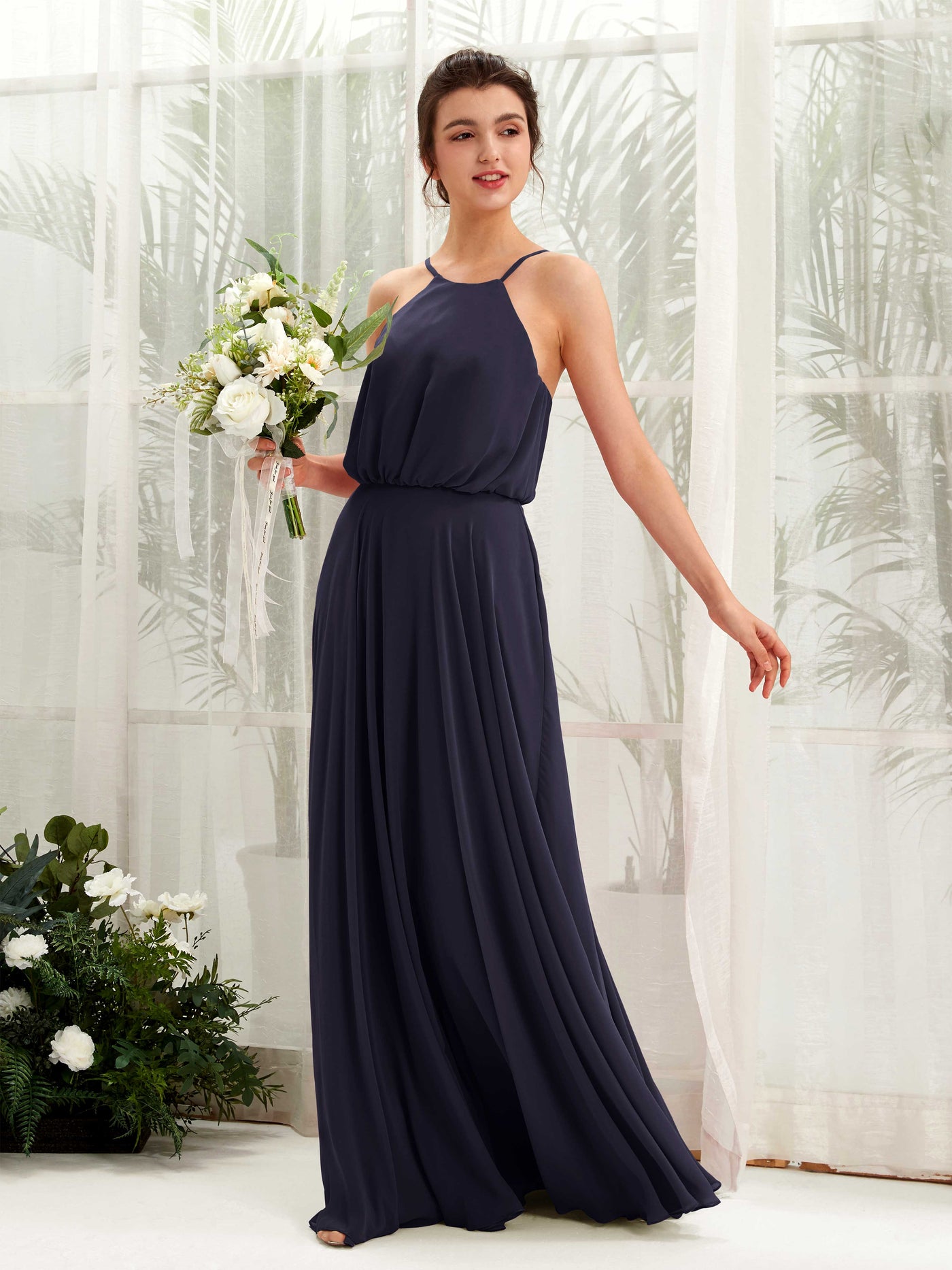 Carlyna Vestido línea A tirantes finos gasa hasta el suelo Azul Marino Oscuro #color_azul-marino-oscuro
