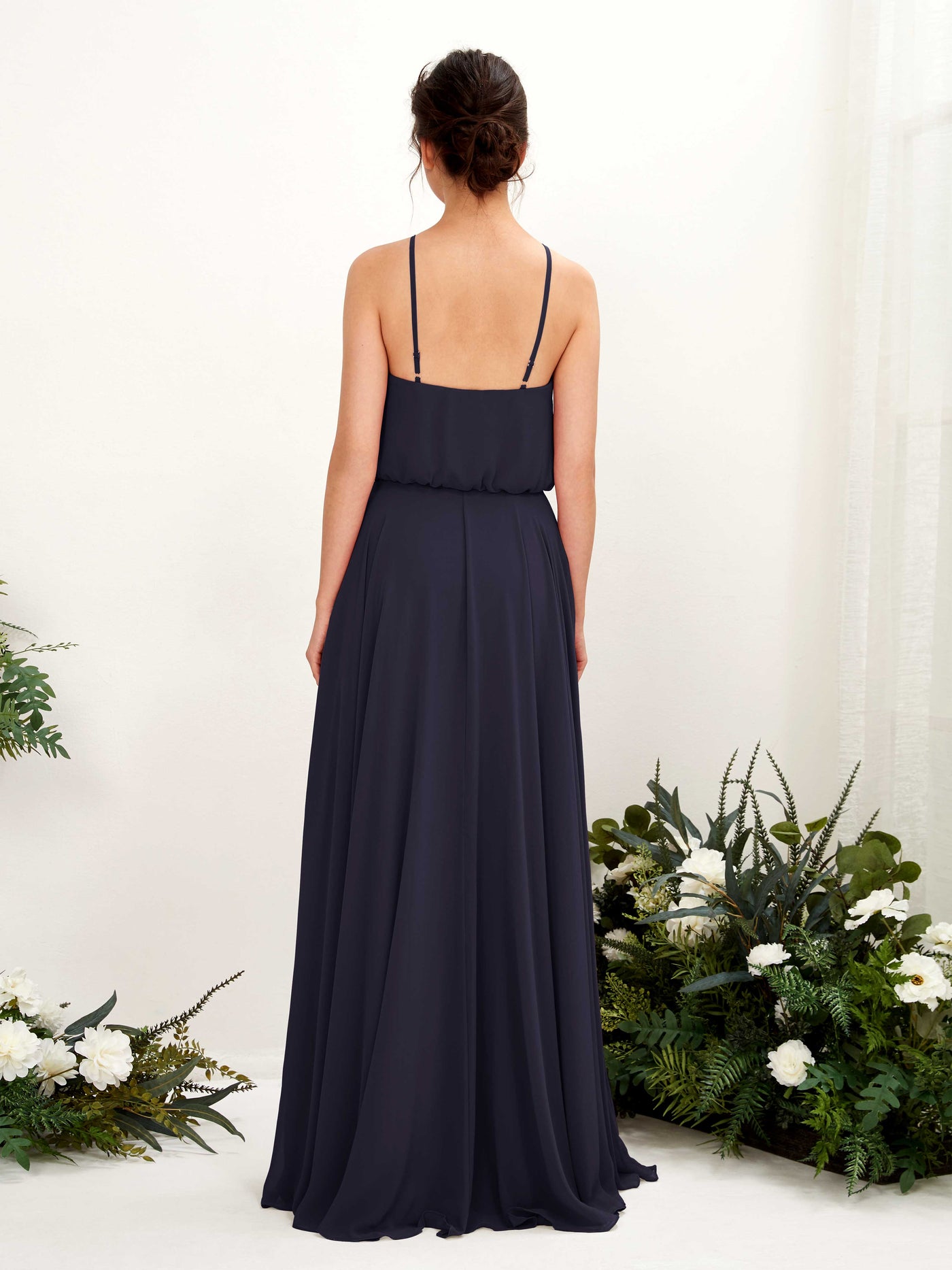 Carlyna Vestido línea A tirantes finos gasa hasta el suelo Azul Marino Oscuro #color_azul-marino-oscuro