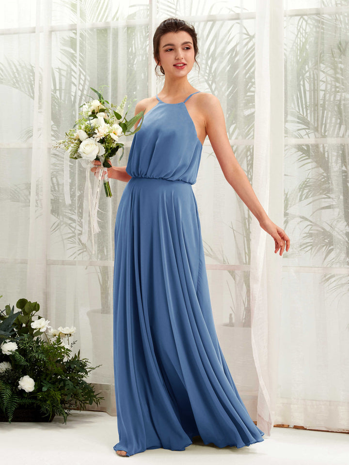 Carlyna Vestido línea A tirantes finos gasa hasta el suelo Azul polvoriento 